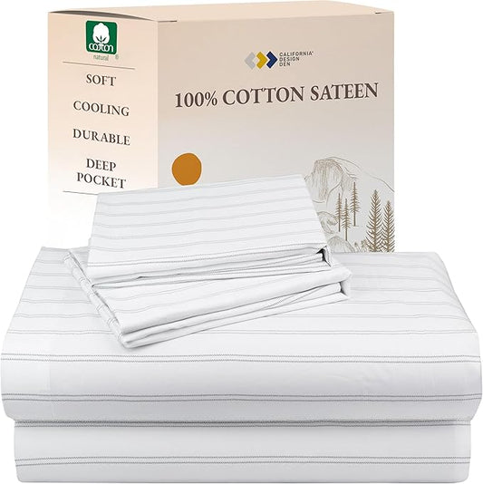California Design Den Full Sheet Set Stripe, 100% Cotton, Deep Pocket Full Sheets & Pillowcase Set, Soft Sateen Weave - Classic Stripe