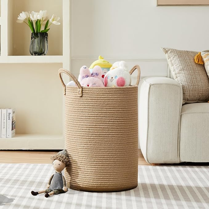 80L Extra Large Jute Laundry Hamper Tall Woven Laudnry Basket Wicker Rope Clothes Hamper Boho Blanket Basket in Living Room Bedroom 16"D x 22"H - Image 4