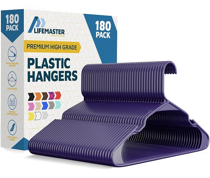 Plastic Clothes Hangers – Heavy Duty Hanger Set, for Organizing Clothes, Dresses, and Coats, Holds Up to 5 lbs, Space-Saving Hangers with Non-Slip Shoulder Grooves, Pack of 180, Purple by LIFEMASTER