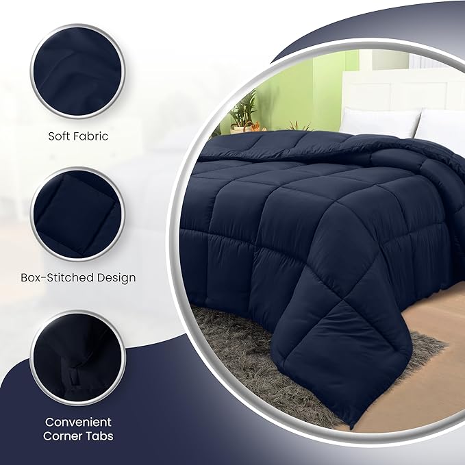 Utopia Bedding Comforters Queen Size, All Season Duvet Insert, Down Alternative Box Stitched Bed Comforter with Corner Tabs, Machine Washable (Navy)