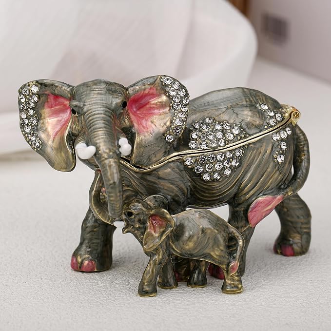 Hand Painted Animal Trinket Box for Home Decor, Hinged Jewelry Organizer Storage, Unique Personalized Collectible Keepsake Figurine Handmade Decorative Ornament Gifts (Mom & Baby Elephant) - Image 4