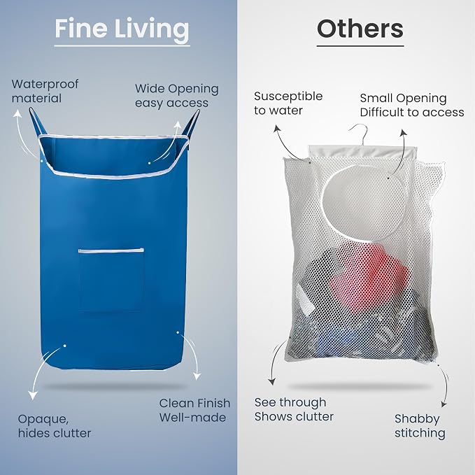 The Fine Living Co. X-Large Hanging Laundry Hamper with Over Door Hooks & Adhesive, Durable Space Saving Laundry Bag with Zipper and Wide Open Top, Hanging Dorm Laundry Hamper 20"x3.75"x31" (Blue-XL) - Image 6