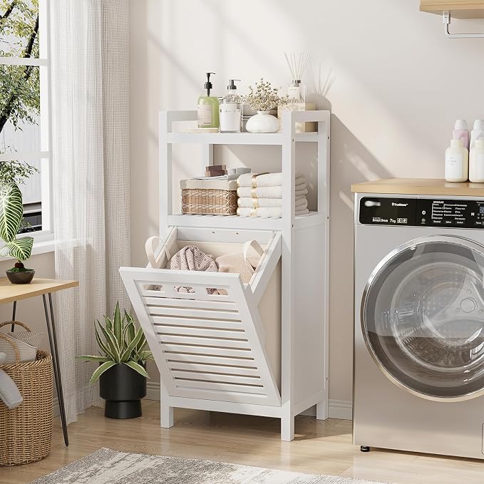 Homykic Tilt Out Laundry Hamper, 10 Gal Bamboo Laundry Storage Cabinet with Removable Basket, Hidden Hamper Organizer with Shelf for Dirty Clothes, Bathroom, Laundry Room, Space Saving, White - Image 4