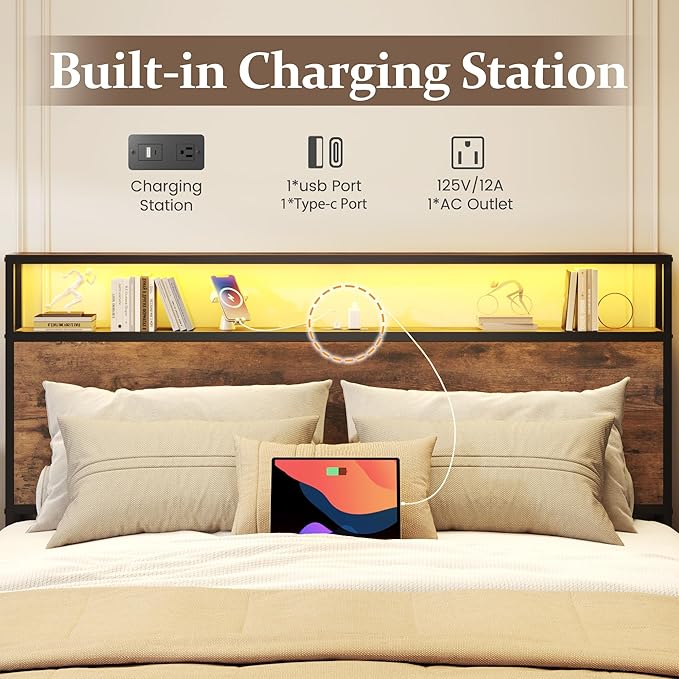 Lifezone Queen Bed Frame with 2-Tier Storage Headboard, Metal Bed Frame with Storage Drawers & Built-in Charging Station & LED, Noise-Free, No Box Spring Needed, Easy Assembly, Retro Brown