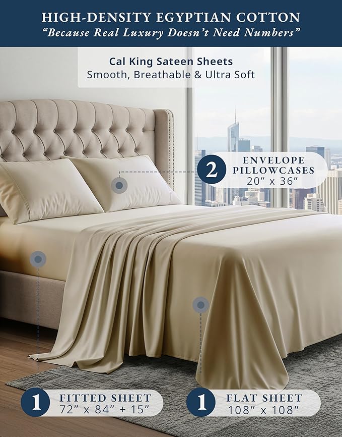 LANE LINEN 100% Egyptian Cotton Bed Sheets California King Size, Soft & Comfy Sateen Weave No Pill Fade Resistant Cal King Bedding Set, Machine wash 15'' Deep Pocket - Linen