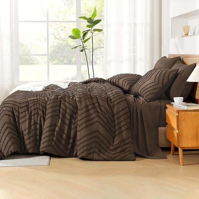 Litanika King Size Comforter Set with Sheets Brown - 7 Pieces Bed in a Bag King Chevron Tufted Complete Bedding Sets with Comforter, Sheets, Pillowcases & Shams