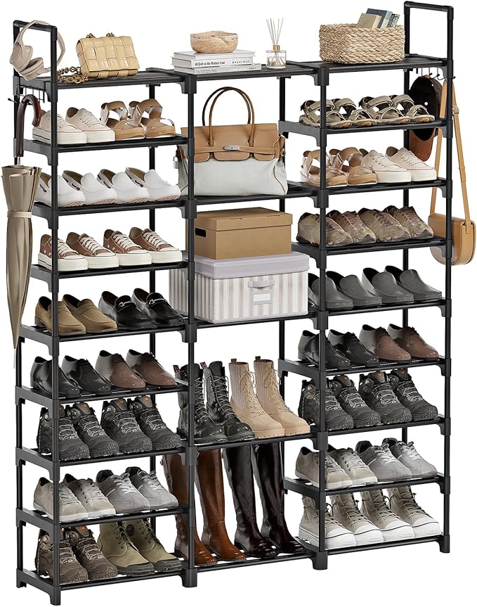 WOWLIVE 9 Tiers Large Shoe Rack Storage Organizer for Closet 50-55 Pairs Shoe Tower Unit Shelf Stackable Shoe Rack with Metal Pipes Plastic Connectors Black(SSS3B9) by WOWLIVE