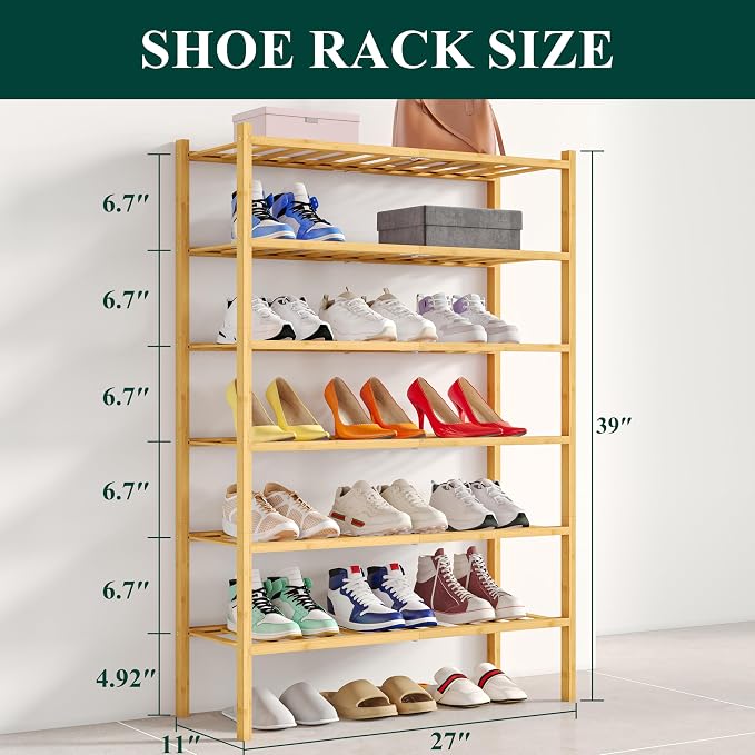 Smiry Shoe Rack, 6 Tier Bamboo Shoe Organizer, Stackable Free Standing Wooden Shoe Storage Shelf for Closet, Entryway, Front Door Entrance, Natural - Image 2