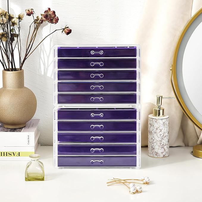 ProCase Earring Holder Organizer Jewelry Box with 10 Drawers, Acrylic Clear Earring Case with Adjustable Velvet Trays for Women - Purple,10 Layers - Image 6
