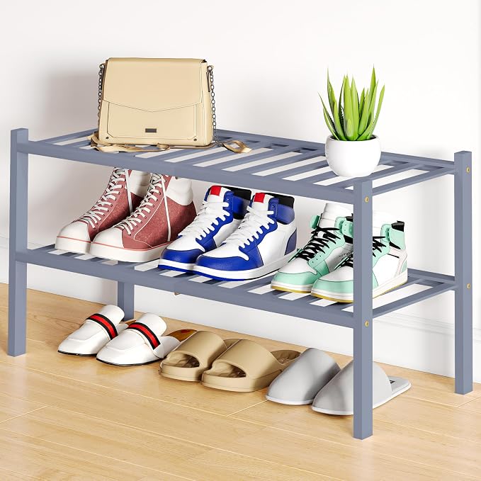 Smiry Shoe Rack, 2 Tier Bamboo Shoe Organizer, Stackable Free Standing Wooden Shoe Storage Shelf for Closet, Entryway, Front Door Entrance, Grey by Smiry