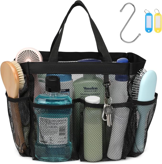 F-color Mesh Shower Caddy Portable with 2 Pack Name Tags, Upgrade Deeper 7 Pockets Shower Bag Tote for College Dorm Room Toiletry Bathroom Essentials Gym Camp Quick Dry 2 handles with S Hook, Black by F-color