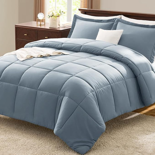 CozyLux Full Size Comforter Sets - Grayish Blue Comforter Full Size, 3 Pieces Box Stitched Bed Set for All Seasons, Soft Lightweight Bedding Sets with 1 Down Alternative Comforter and 2 Pillow Shams