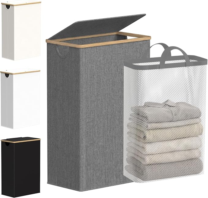 efluky Slim Laundry Basket with Lid, Narrow Laundry Hamper with Removable Bag, Skinny Dirty Clothes Basket with Bamboo Handles for Bathroom, Bedroom & Laundry Room, 75L Grey by efluky