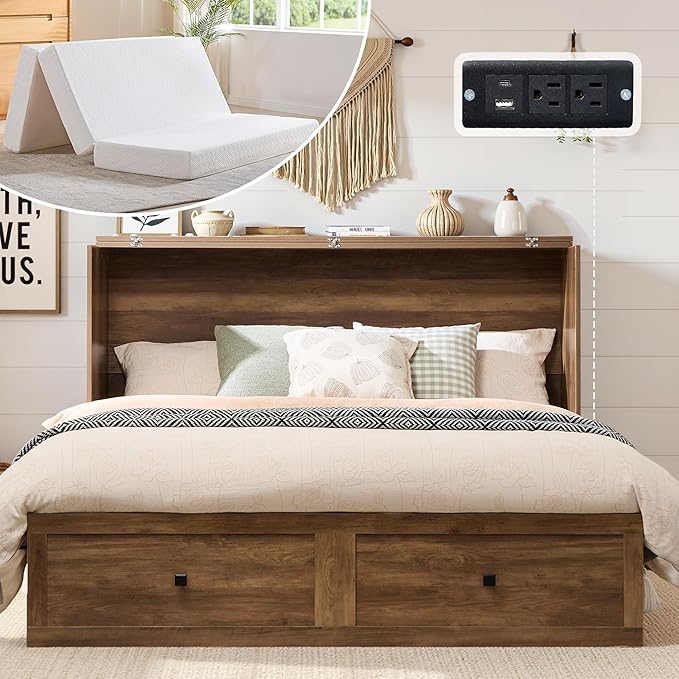 LUXOAK Full Murphy Bed with 6" White Tri-Fold Memory Foam Mattress, Storage Drawer & Charging Station, Space-Saving Design for Home Office or Guest Room, Barnwood