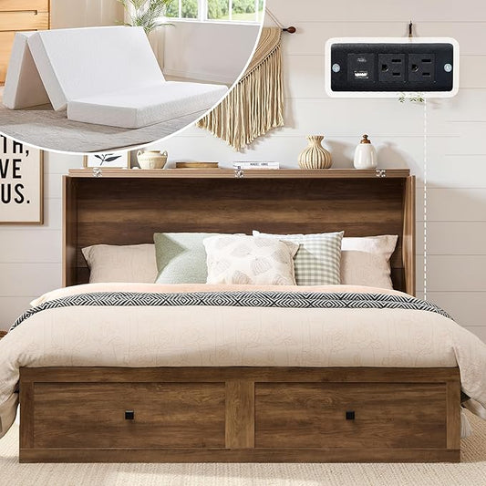 LUXOAK Full Murphy Bed with 6" White Tri-Fold Memory Foam Mattress, Storage Drawer & Charging Station, Space-Saving Design for Home Office or Guest Room, Barnwood