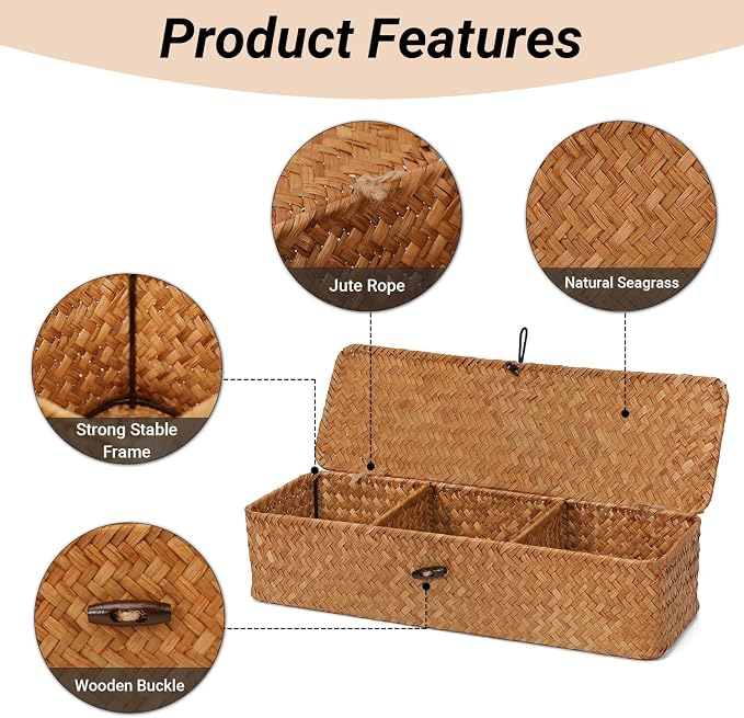 Nonam Seagrass Storage Small Basket with Lid - 3-Section Divided Organizer for Tea,Sugar,Coffee,Tampons - Woven Shelf Bin for Closet, Toilet Tank - Rectangular Narrow Boho Basket Home Decor - Image 3