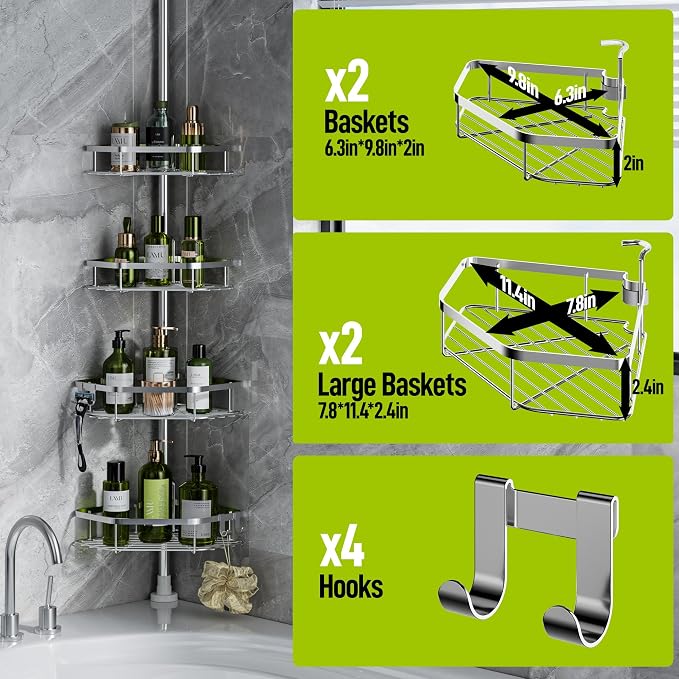 LAMU Shower Caddy Corner Tension Pole, Stainless Steel Shower Organizer, Strong Spring, 5 Adhesive Pads, 2.4 in Non-Slip Grid Base, Adjustable 4-Tier Basket, 4 Hooks, Fits Heights 37.8-124 in, Silver - Image 5