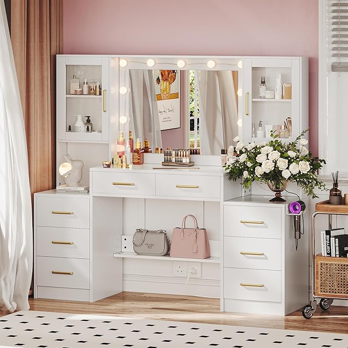 UGTOO 58.3" Large Vanity Desk with Mirror & Lights, Makeup Vanity with 10 LED Lights, 8 Metal Sliding Drawers & 2 Cabinets, White Vanity Set with Power Outlet &3 Lighting Modes Without Stool