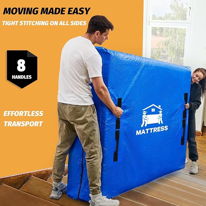 Mattress Bags for Moving, BETU Mattress Protector Waterproof Mattress Cover Queen Size Storage Bags with 8 Heavy-Duty Handles and Zipper for Bed Extra Thick Large Reusable(2 Pack, 82"x62"x15" Blue)