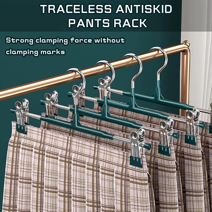 Pants Hangers with Clips 20 Pack Adjustable Skirt Hangers for Women Non-Slip Trousers Hanger for Jeans Clothes Hangers for Pants Heavy Duty Space Saving Shorts Hangers,Green,12Inch - Image 3