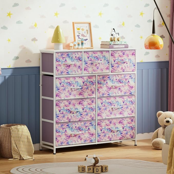 WLIVE 9 Drawer Dresser, Fabric Storage Tower for Bedroom, Hallway, Closet, Tall Chest Organizer Unit for Bedroom with Fabric Bins, Steel Frame, Wood Top, Tie-dye Print (Pink, Purple, Blue) - Image 8