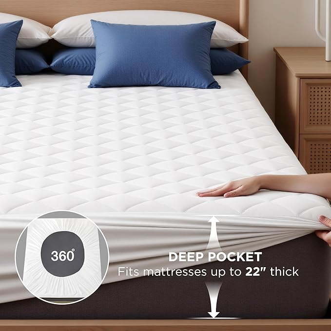 Bedsure Queen Mattress Protector, Quilted Waterproof Mattress Protector with Deep Pocket up to 22 Inches, Soft Breathable Noiseless Bed Pad Topper, Queen Bed Cover for Home, Bedroom, Hotel – White