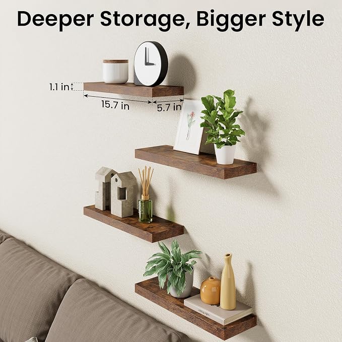 BAYKA Floating Shelves for Wall, 15.7in Wall Mounted Rustic Wood Shelves for Bathroom, Bedroom, Living Room, Kitchen, Hanging Shelf for Storage/Room Decor with 22lbs Capacity (Rustic Brown, Set of 4) - Image 8