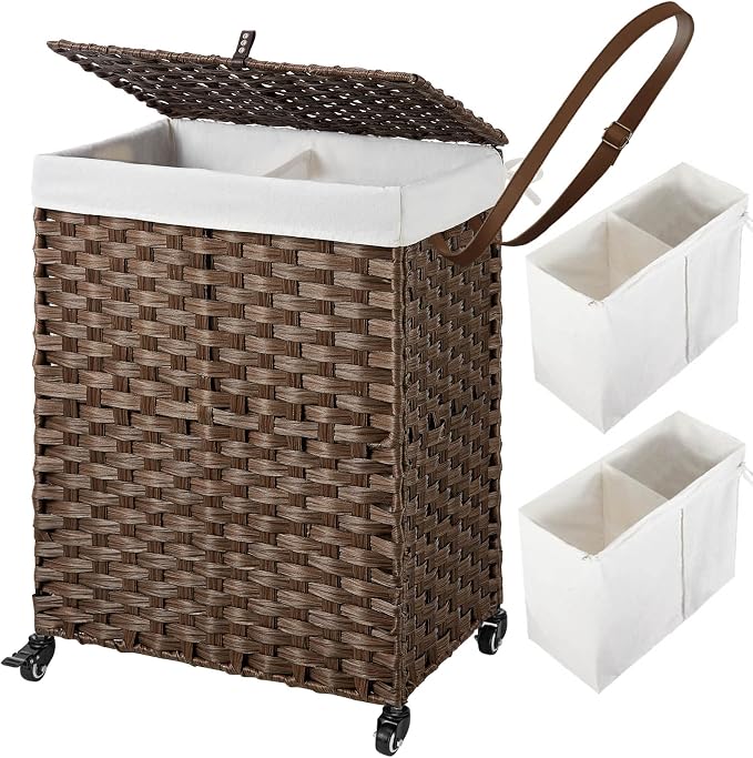 Greenstell Laundry Hamper with Wheels, No Install Needed, 90L Divided Handwoven Hampers & 2 Removable Liner Bags, Synthetic Rattan Clothes Laundry Basket with Lid & Handles, Foldable Hampers Brown by Greenstell