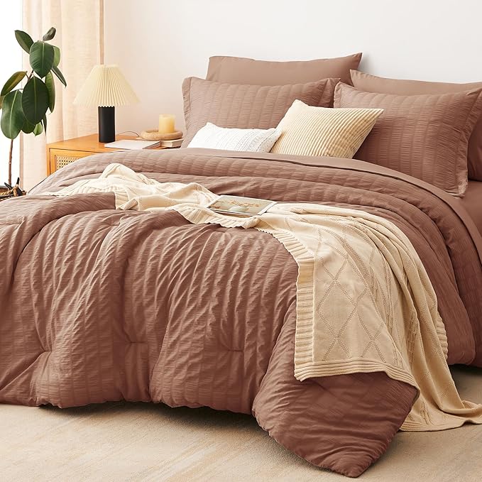 CozyLux King Size Comforter Set Mocha Mousse Seersucker 7 Pieces Bed in a Bag King Comforter Set with Sheets, Luxury Soft Bedding Sets with Down Alternative Comforter, Sheets, Pillowcases & Shams