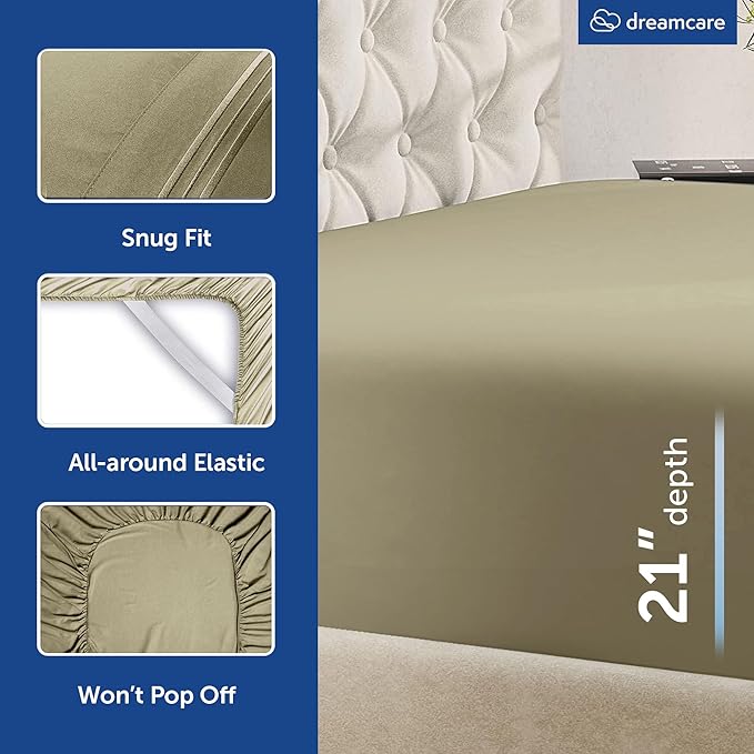 DREAMCARE King Size Sheets Set – 4 pcs Super Soft & Lightweight Cooling Sheets – up to 21” Deep Pocket King Sheet Set – Hotel Luxury Sheets & Pillowcases 100% Microfiber with Side Pocket Eucalyptus