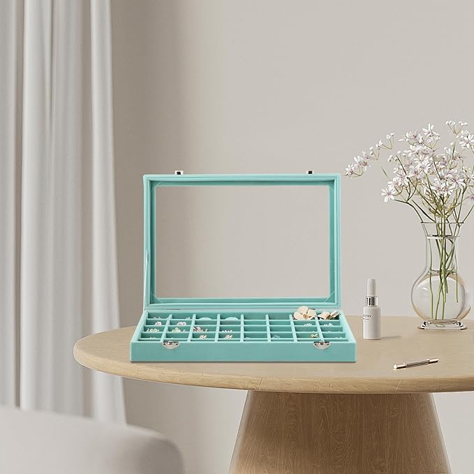 Frebeauty 40 Grid Jewelry Tray,Adjustable Earring Holder Organizer with Glass Lid,Velvet Drawer Jewelry Organizer for Rings,Studs,13.8 x 9.5 x 2 Inches Jewelry Display Box,Gift for Women(Turquoise) - Image 2