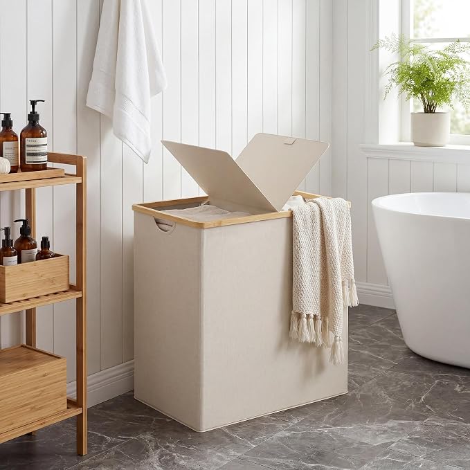 efluky Laundry Hamper with Lid, Double Laundry Hamper with 2 Removable Bags, 2 Section Laundry Basket with Bamboo Handles for Bathroom, Bedroom & Laundry Room, 140L (36.9 Gallon) Beige - Image 6