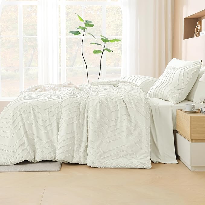 Litanika Ivory Full Size Comforter Set with Sheets - 7 Pieces Bed in a Bag Full Boho Tufted Complete Bedding Sets with Comforter, Sheets, Pillowcases & Shams