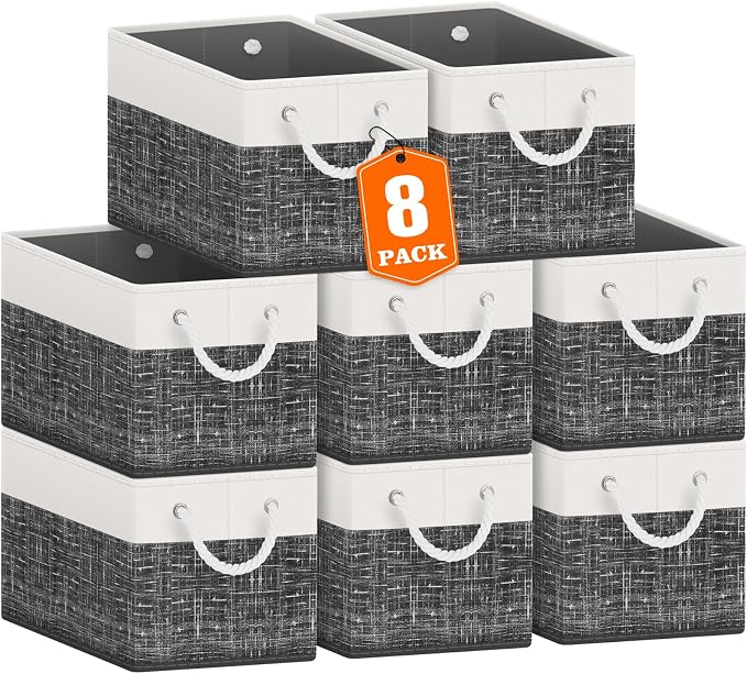 Fab totes Storage Bins [8-Pack], Foldable Storage Baskets for Organizing Toys, Books, Shelves, Closet, Large Storage Box with Rope Handles, Sturdy Organizer Bins, White & Black by Fabtotes