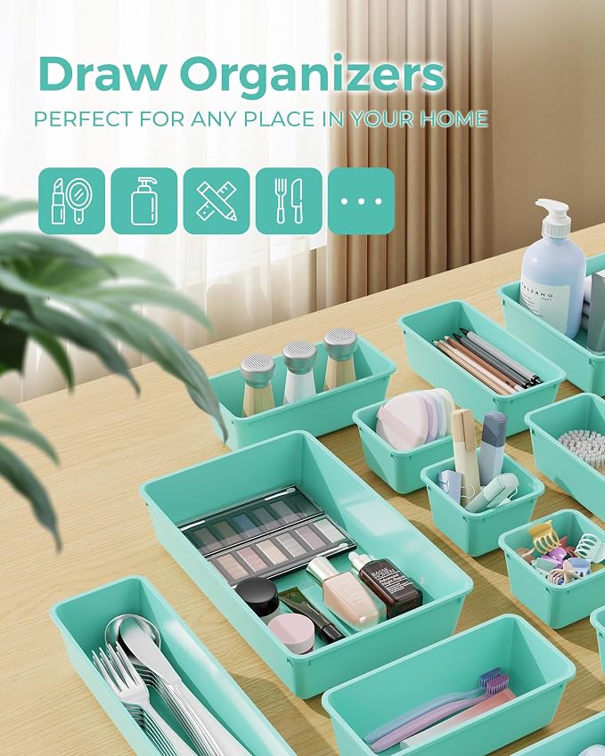 BiuLeon 25 PCS Plastic Drawer Organizers Set, 4-Sizes Vanity and Makeup Organizer, Desk and bathroom Drawer Organizer Trays, Organizers and Storage for Makeup, Jewelry, Gadgets, Utensils (Blue) - Image 3