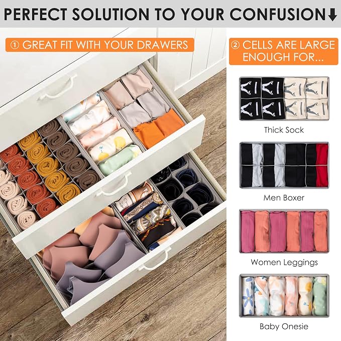 Drawer Organizer Clothes, 8 Pack Dresser Organizer Bins for Baby Clothes, Underwear Sock, Fabric Closet Organization and Storage Dividers for Nursery Bedroom (48 Compartments, Grey) - Image 2