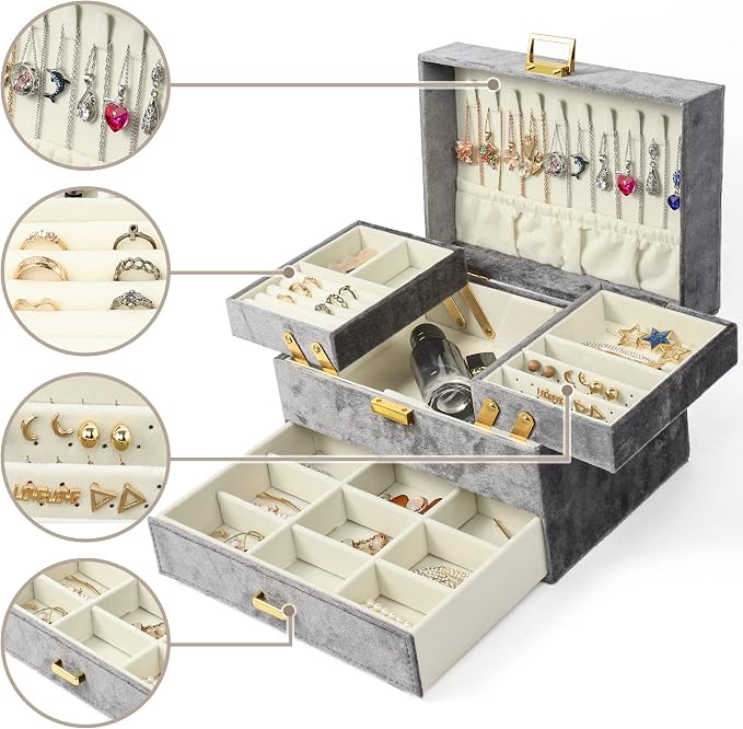 Dajasan Jewelry Organizer Box, Large Velvet Jewelry Boxes for Women Girls, Space-Saving 3 Layers Jewelry Storage Case with Drawer, Movable Metal Stand, Modern, Gift Idea (Grey) - Image 3