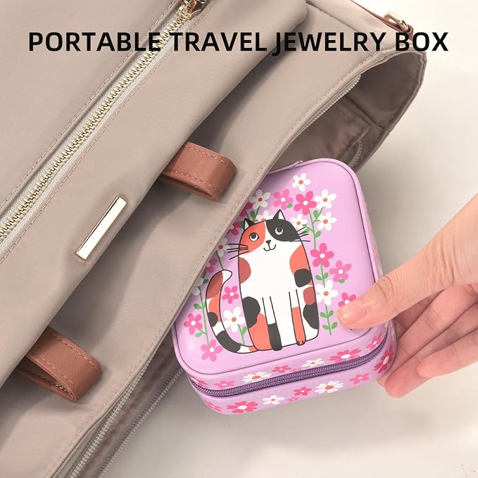 shunmei Mini Travel Jewelry Box,PU Leather Portable Jewelry Organizer Case,Art Accessories Storage Holder Boxes for Earring, Necklace, Rings, Bracelets (Pink Cat) - Image 2