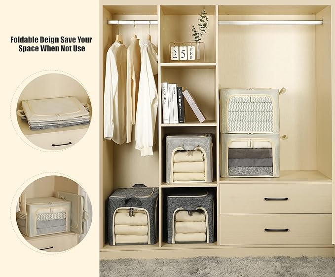 3 Openings Clothes Storage Bins with Metal Frame, Foldable Storage Bin for Clothes, Clothing Storage Bins with Lid, Linen Storage Box With Clear Window＆ Zippers＆ Durable Handles.(3 Pcs,Beige,40L) - Image 5