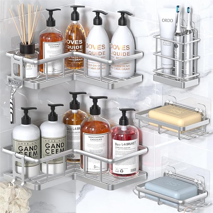 YASONIC Corner Shower Caddy Organizer, 5-Pack Self-Adhesive Rustproof Bath Shelves with Soap Holder & 4 Hooks, Large Capacity Shower Storage Rack for Bathroom Organization, Silver by YASONIC