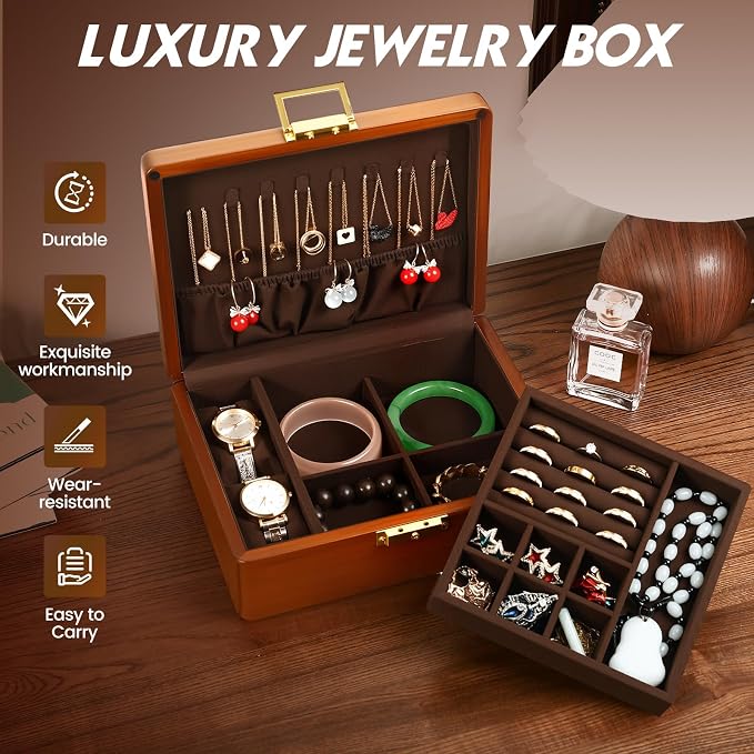 Solid Walnut Wood Jewelry Box with Lock,2 Layer Velvet Lined for Earrings Rings Necklaces Bracelets Watches,Both Style and Security, for Men Women,Vintage Brown - Image 5