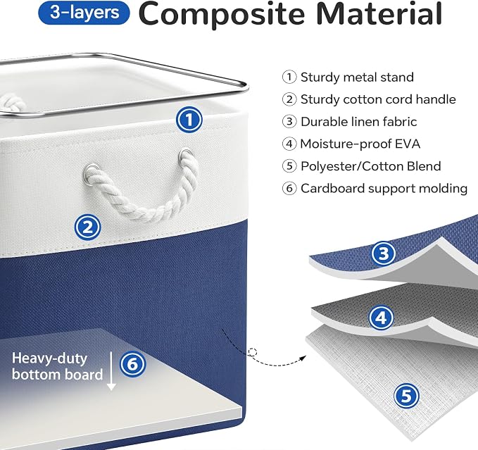 13 x 13 Inch Cube Storage Bins, 6 Pack Fabric Storage Basket with Handles, Foldable Boxes Organizer for Shelf Baskets for Home, Clothes (White/Blue) - Image 4