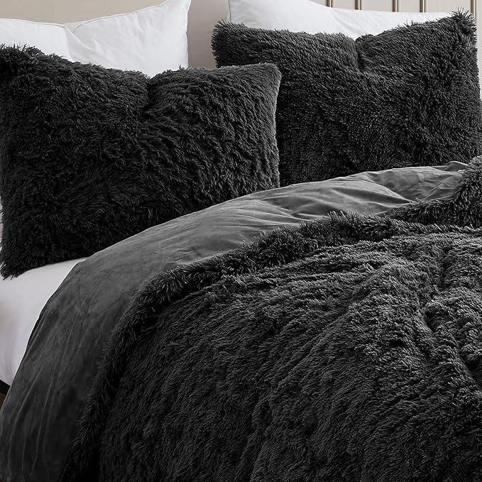 Full Size Luxury Faux Fur Comforter Set - Soft & Breathable 7-Piece Bedding Collection - 1 Comforter, 1 Fitted Sheet, 1 Flat, 2 Pillowcases, 2 Pillow Shams - Deep Pocket - Premium Quality, Black