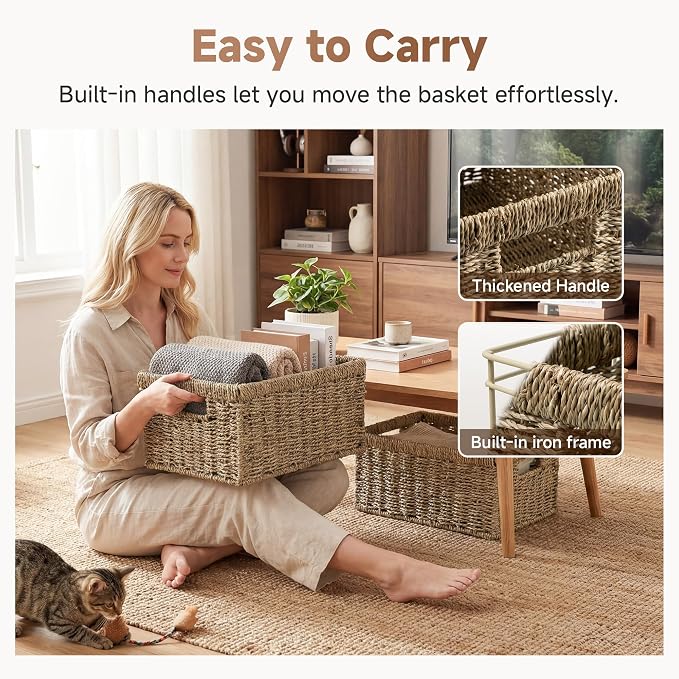 StorageWorks Wicker Storage Baskets, Handwoven Seagrass Basket for Organizing, Decorative Organizers with Built-in Handles, Set of 2 - Image 4