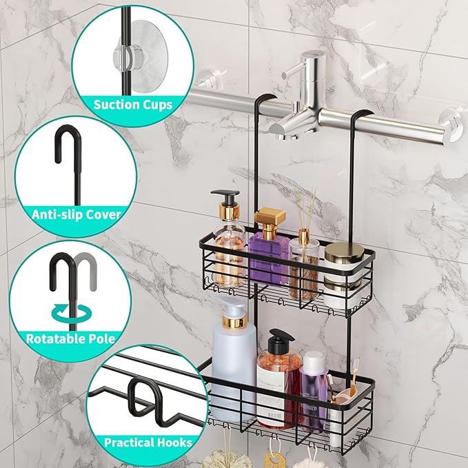 HapiRm Hanging Shower Caddy Organizer - No Drilling Shower Organizer with Hooks, Rustproof & Waterproof 304 Stainless Steel Bathroom Shelves - Black - Image 2