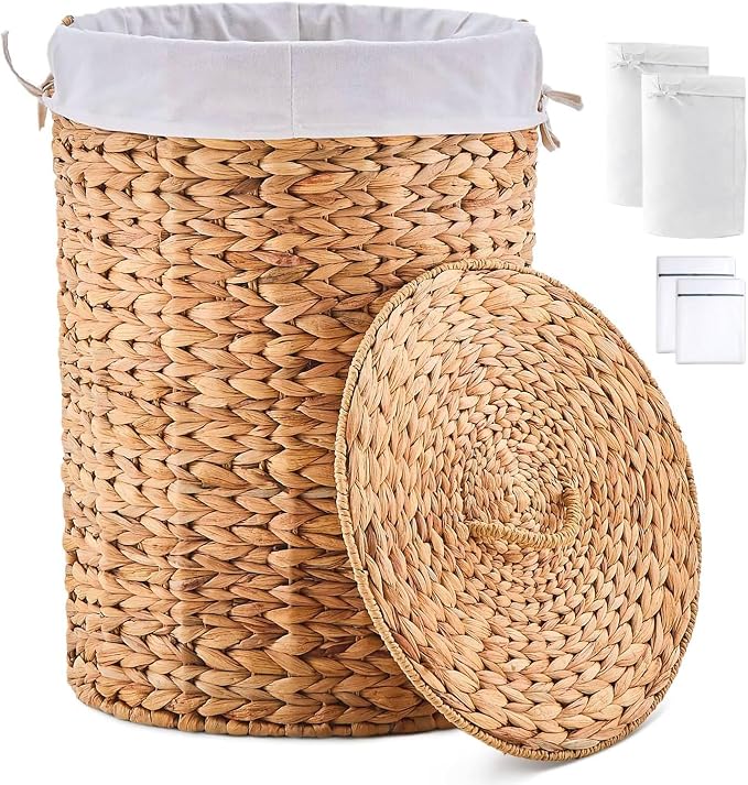 Round Water Hyacinth Laundry Hamper with Lid Handwoven Wicker Basket with Handles for Dirty Clothes, Storage, and Organization Ideal for Bedroom, Bathroom, and Laundry Room, No Assembly Required, 90L by LGENHOOMHandwovenNaturalWaterHyacinthBasket