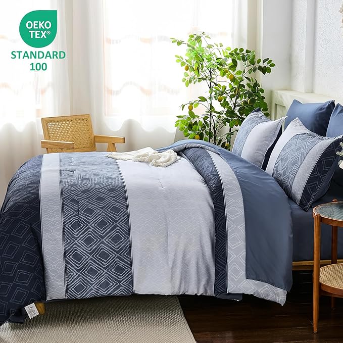 Dinjoy Blue King Size Comforter Set,Striped Boho Bed in a Bag King 7 Pieces Soft Fall Bedding Comforters Microfiber Mineral Blue Complete Sets for All Season