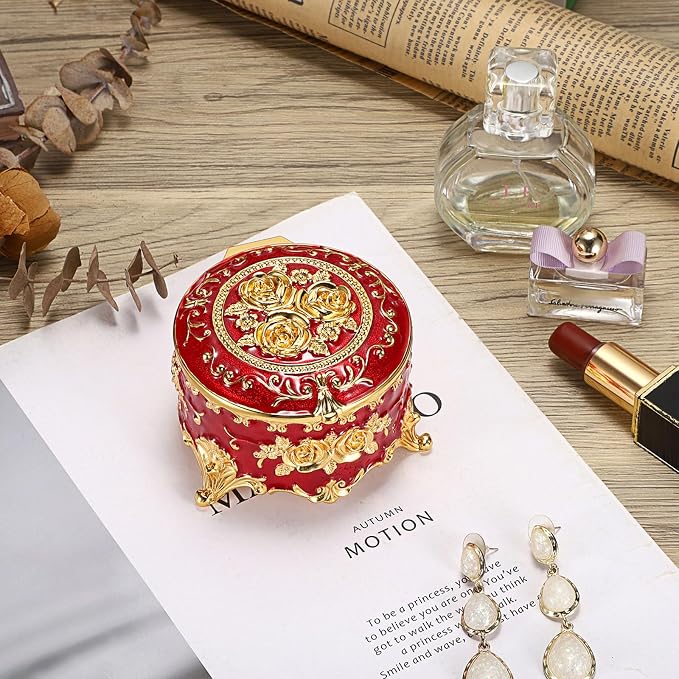 Hipiwe Vintage Metal Jewelry Box - Small Trinket Organizer Ring Box Case with Rose Pattern Jewelry Storage Box for Ring Earrings Necklace, Keepsake Box for Women,Red - Image 2
