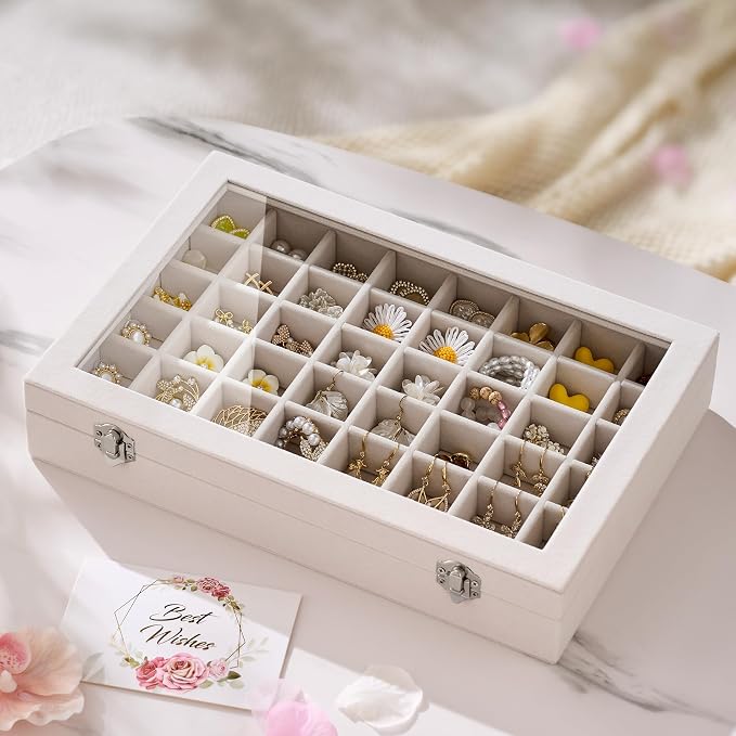 48 Grid Earring Organizer and Storage: Velvet Jewelry Tray with Lid, Jewelry Box for Studs, Earrings, Rings, Necklaces, Dresser & Vanity, Earrings Case for Girls, Women, 13"x8.6"x2.4", Beige - Image 2