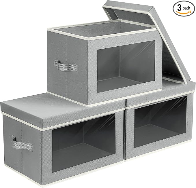 Homsorout Storage Bins, Storage Baskets for Shelves with Window, Fabric Storage Bins with Handle, Foldable Storage Cubes Boxes for Organizing for Clothes, Towels, Books, 3 Pack, Grey by Homsorout